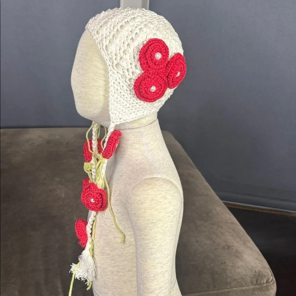 Bebe Chapeau Girls White Hat with Roses Side Braids 100% Cotton 0-6 months NEW